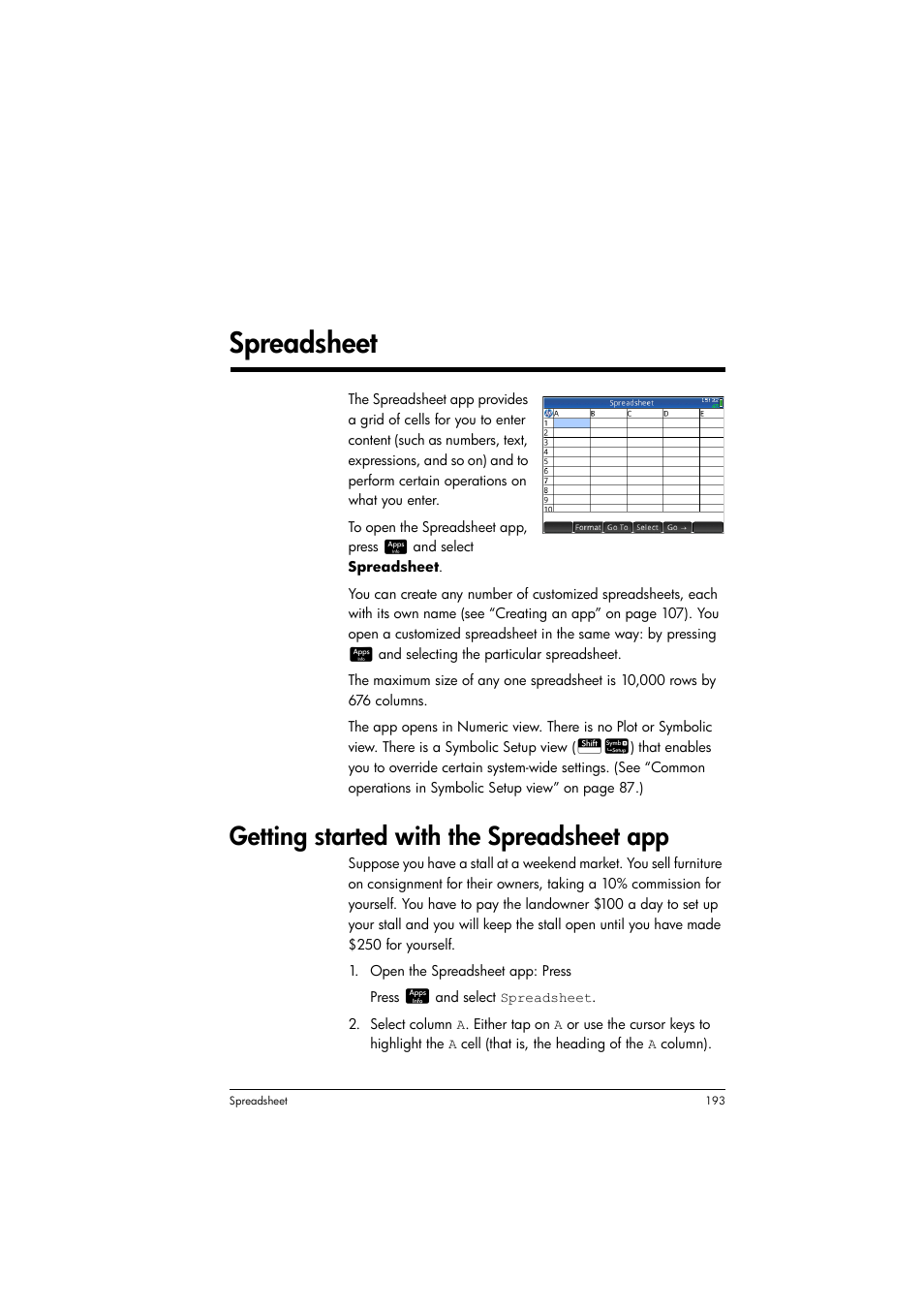 Spreadsheet, Getting started with the spreadsheet app, 9spreadsheet | HP Prime Graphing Calculator User Manual | Page 197 / 608