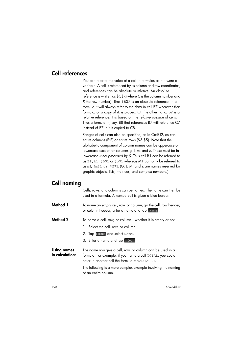 Cell references, Cell naming | HP Prime Graphing Calculator User Manual | Page 202 / 608