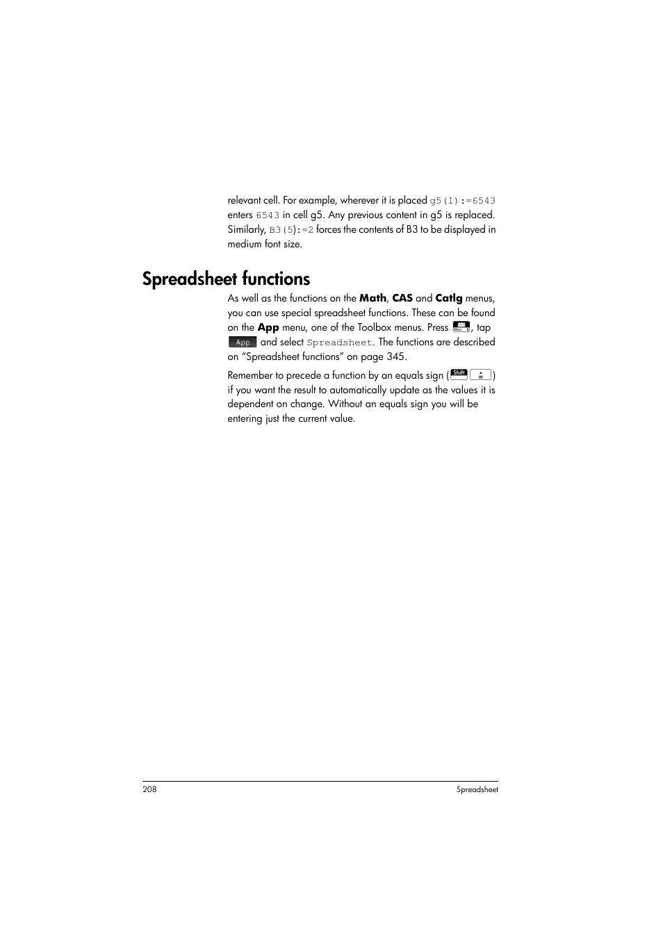 Spreadsheet functions | HP Prime Graphing Calculator User Manual | Page 212 / 608