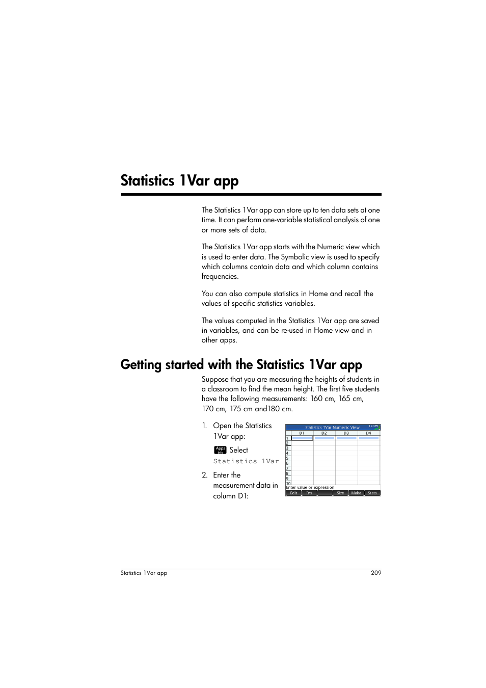 Statistics 1var app, Getting started with the statistics 1var app, 10 statistics 1var app | HP Prime Graphing Calculator User Manual | Page 213 / 608