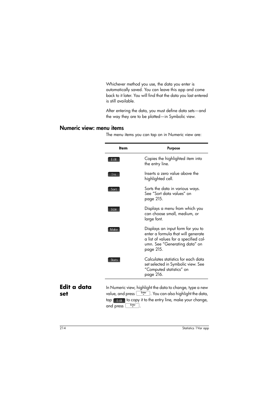 Numeric view: menu items, Edit a data set | HP Prime Graphing Calculator User Manual | Page 218 / 608