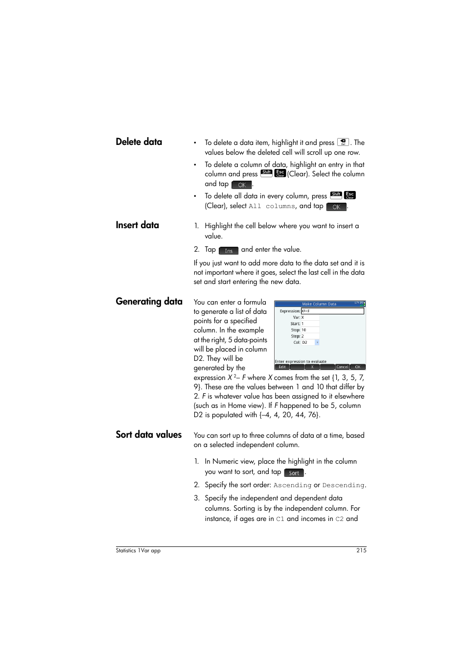 E “sort data values” on, E “generating data” on, Delete data | Insert data, Generating data, Sort data values | HP Prime Graphing Calculator User Manual | Page 219 / 608