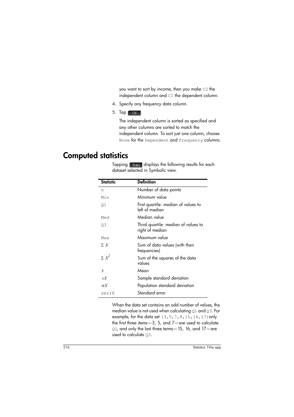 Computed statistics, Computed statistics” on | HP Prime Graphing Calculator User Manual | Page 220 / 608