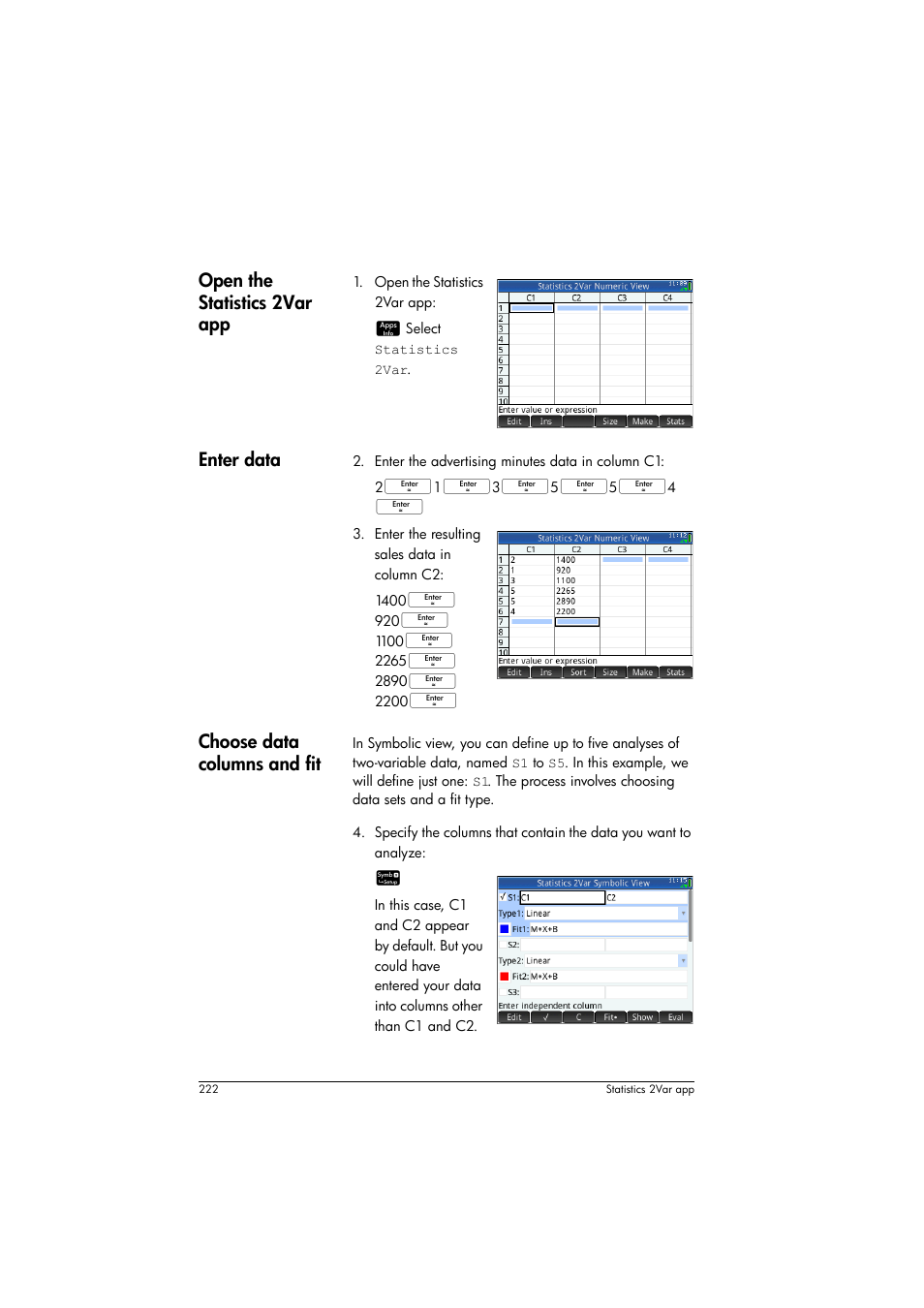 Open the statistics 2var app, Enter data, Choose data columns and fit | HP Prime Graphing Calculator User Manual | Page 226 / 608