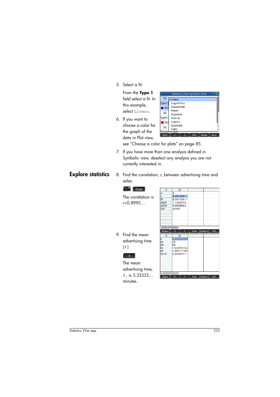 Explore statistics | HP Prime Graphing Calculator User Manual | Page 227 / 608