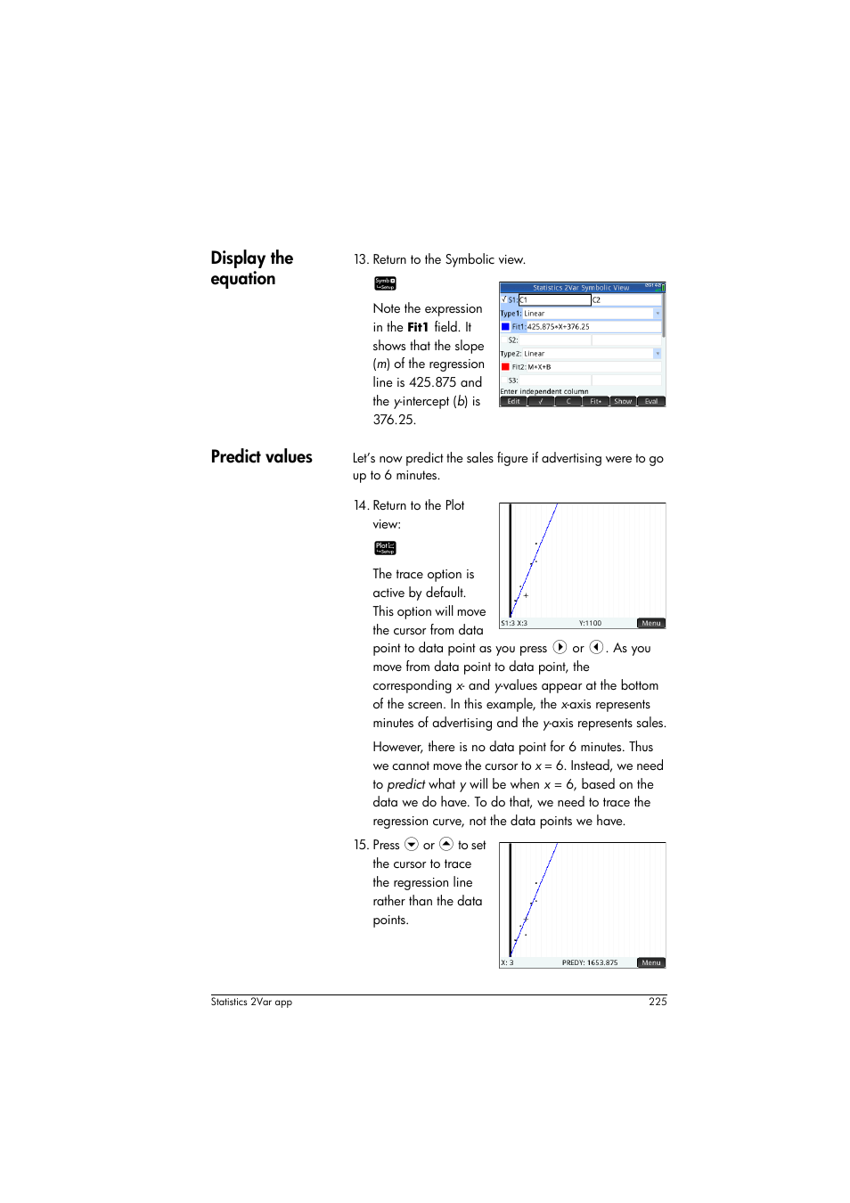 Display the equation, Predict values | HP Prime Graphing Calculator User Manual | Page 229 / 608