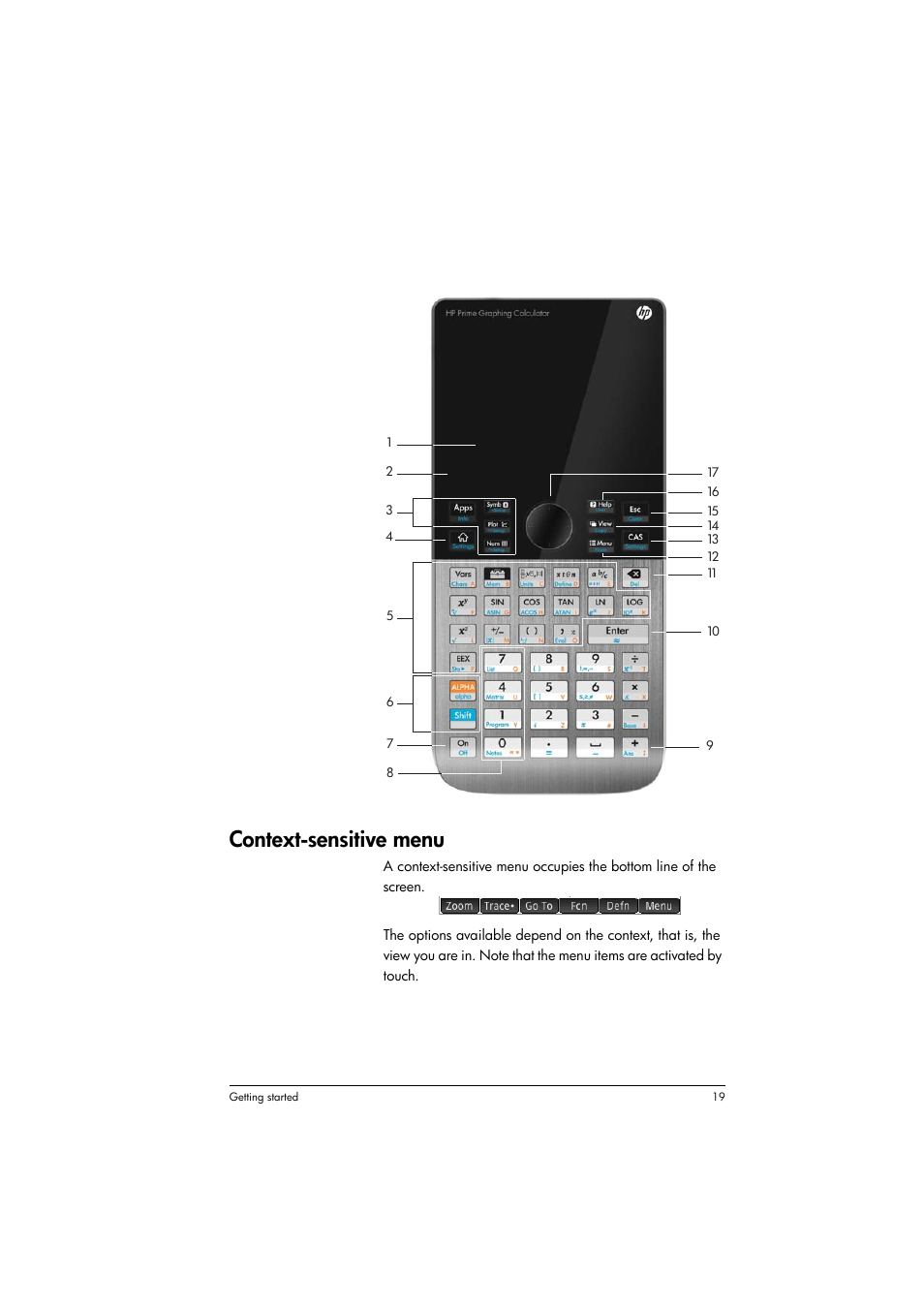 Context-sensitive menu | HP Prime Graphing Calculator User Manual | Page 23 / 608