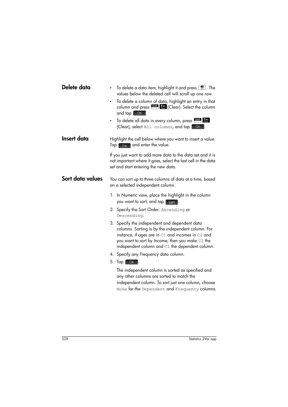 Delete data, Insert data, Sort data values | HP Prime Graphing Calculator User Manual | Page 232 / 608