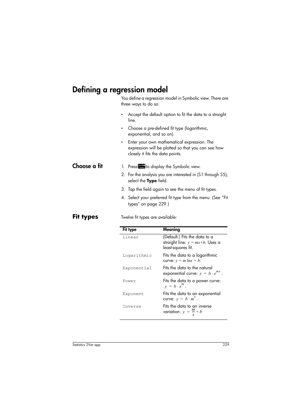 Defining a regression model, Choose a fit, Fit types | HP Prime Graphing Calculator User Manual | Page 233 / 608