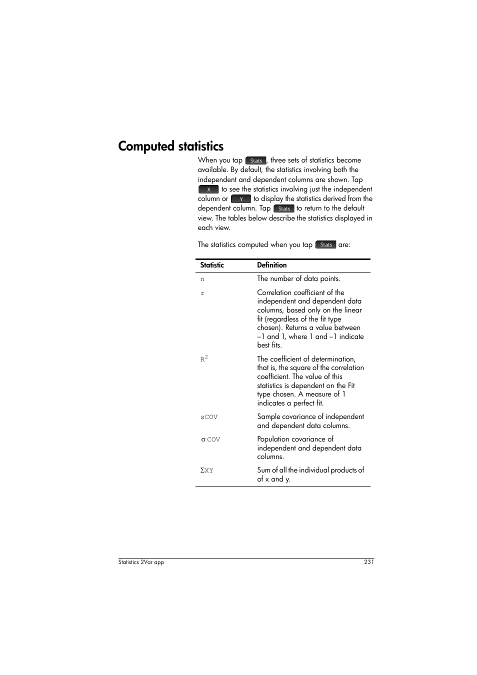 Computed statistics | HP Prime Graphing Calculator User Manual | Page 235 / 608