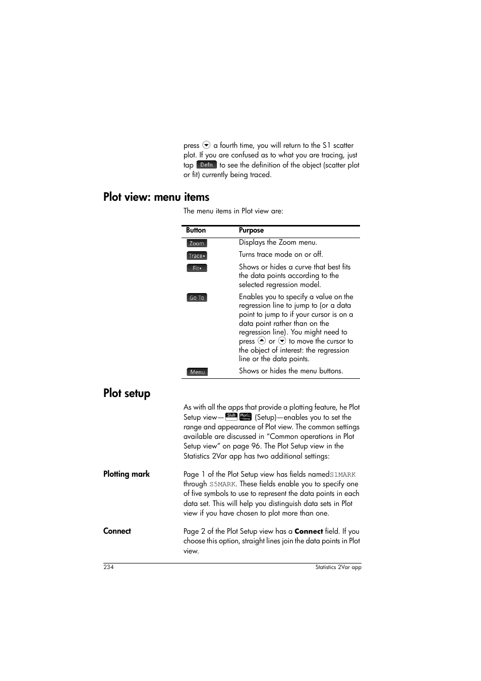 Plot view: menu items, Plot setup | HP Prime Graphing Calculator User Manual | Page 238 / 608