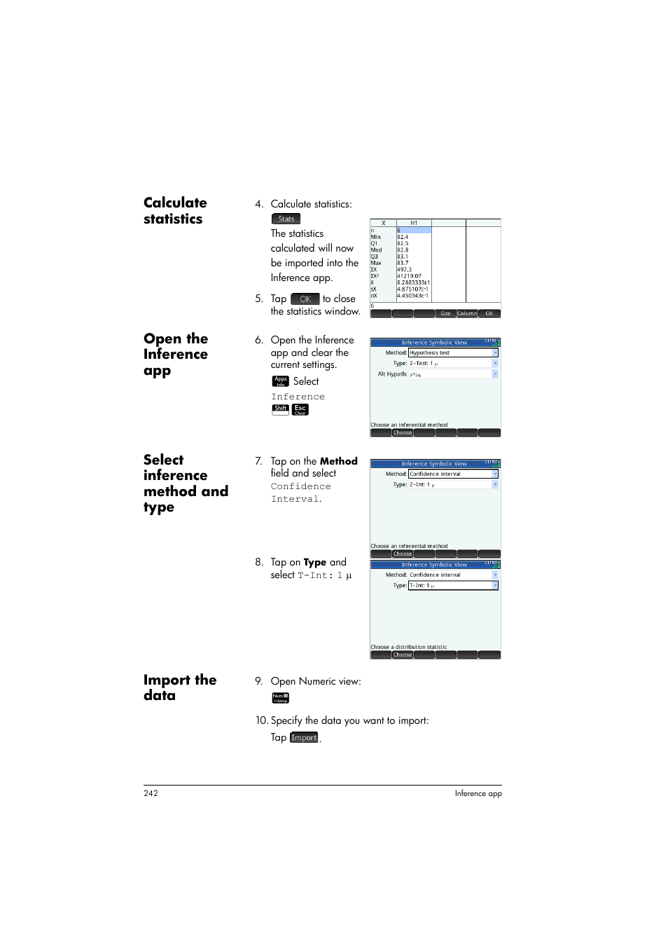 Calculate statistics, Open the inference app, Select inference method and type | Import the data | HP Prime Graphing Calculator User Manual | Page 246 / 608