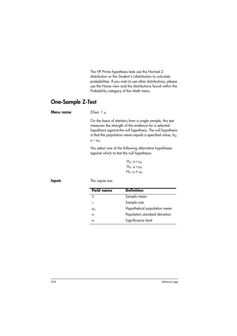 One-sample z-test | HP Prime Graphing Calculator User Manual | Page 248 / 608