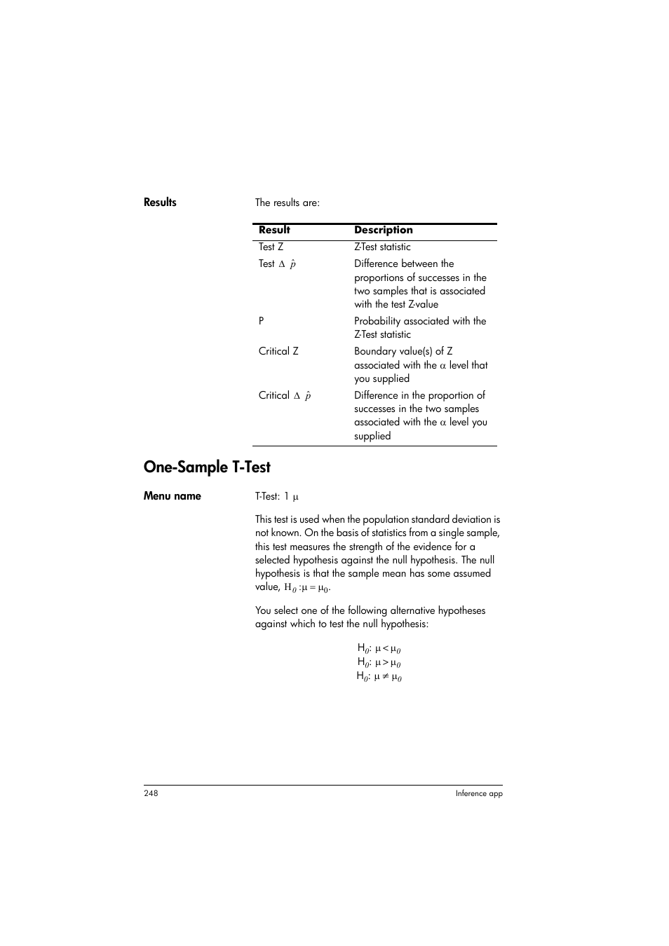 One-sample t-test | HP Prime Graphing Calculator User Manual | Page 252 / 608