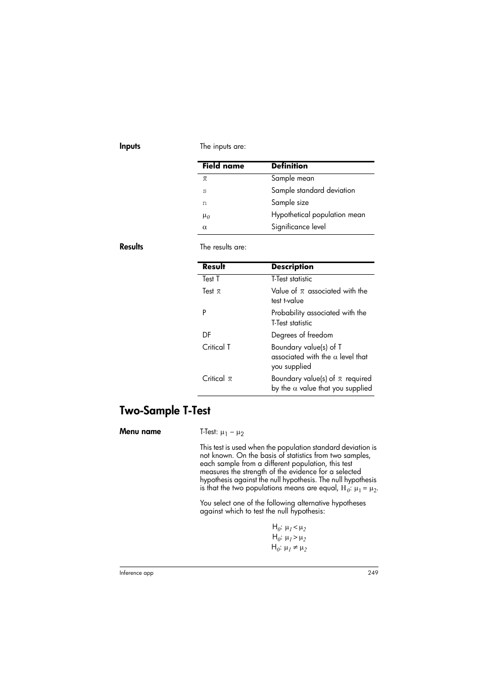 Two-sample t-test | HP Prime Graphing Calculator User Manual | Page 253 / 608