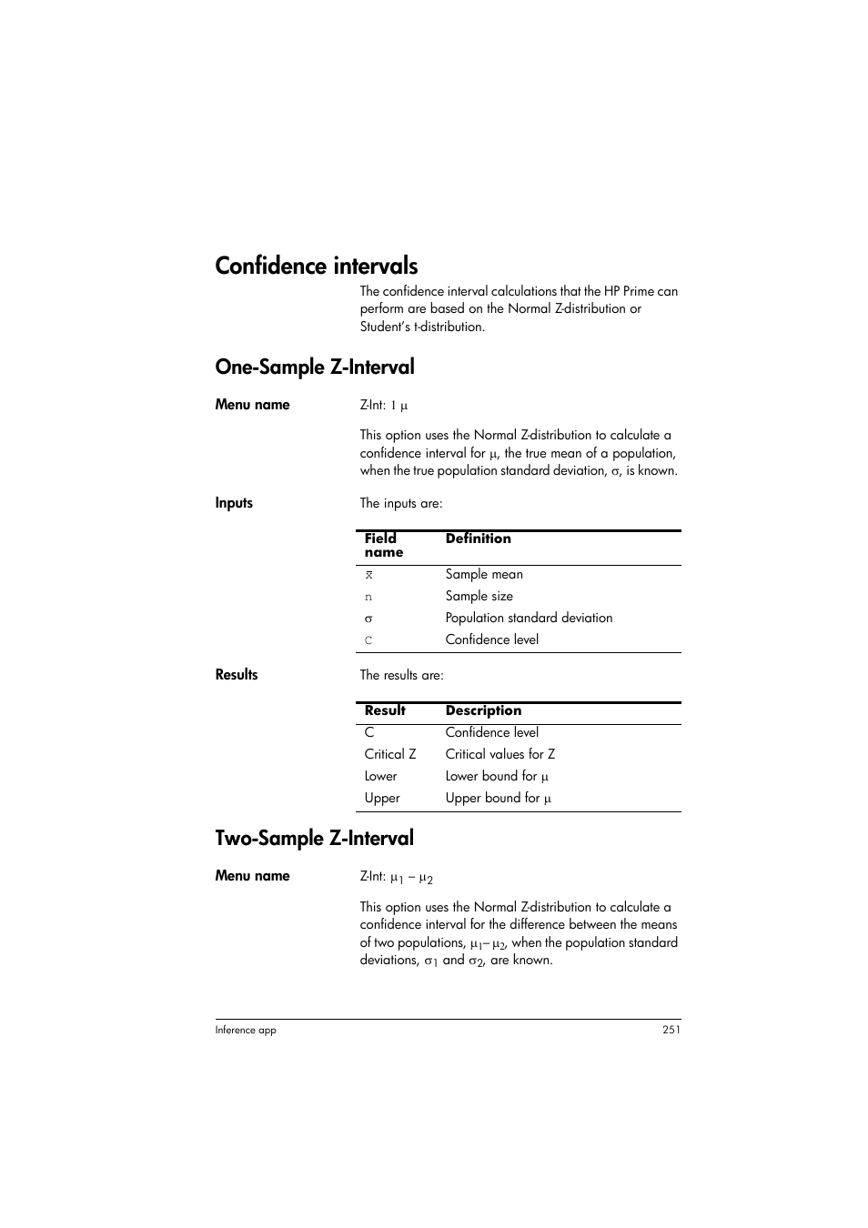 Confidence intervals, One-sample z-interval, Two-sample z-interval | HP Prime Graphing Calculator User Manual | Page 255 / 608