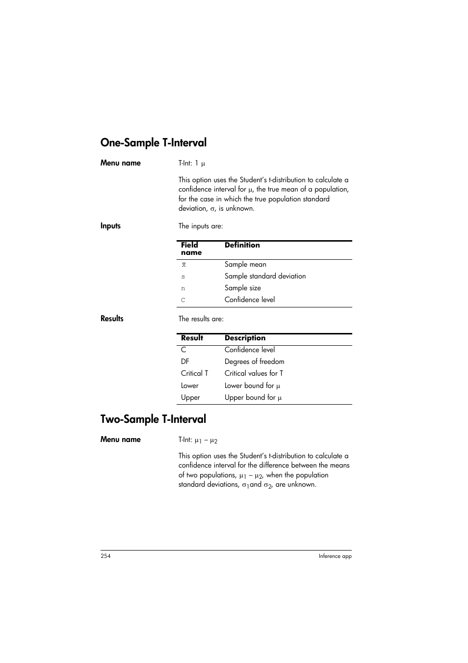 One-sample t-interval, Two-sample t-interval | HP Prime Graphing Calculator User Manual | Page 258 / 608