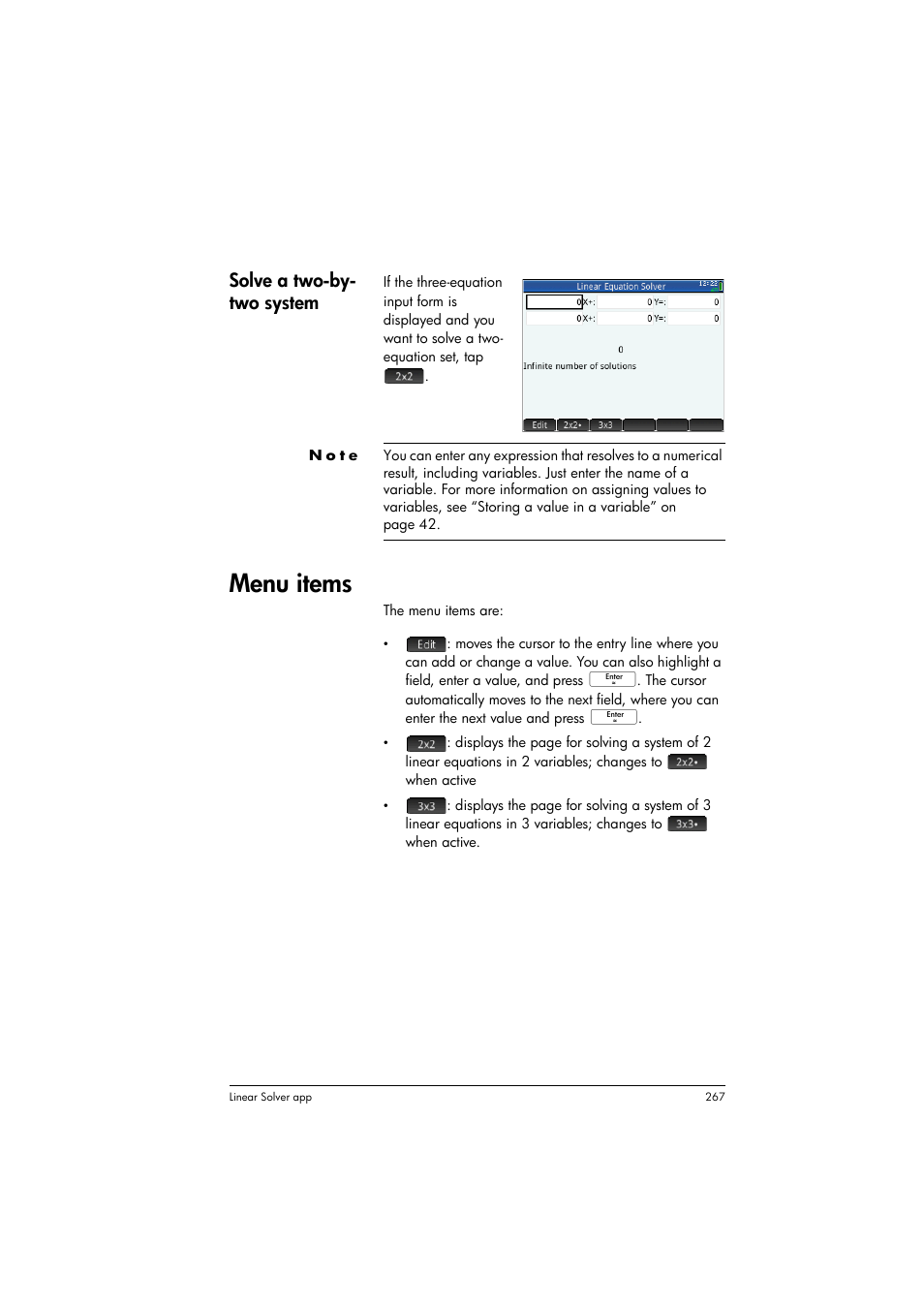 Menu items, Solve a two-by- two system | HP Prime Graphing Calculator User Manual | Page 271 / 608