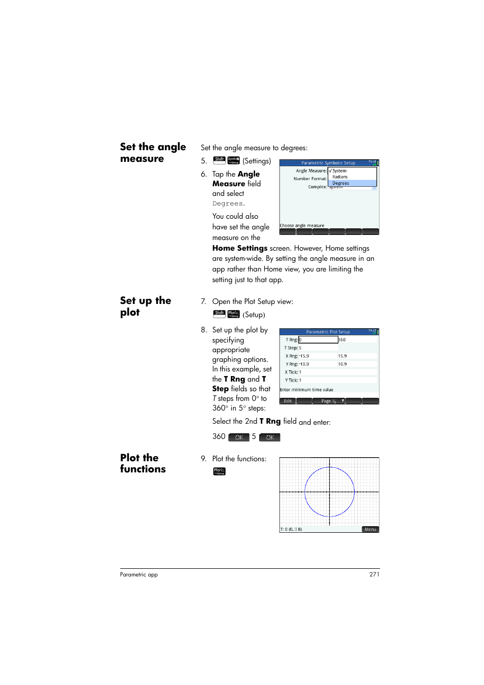 Set the angle measure, Set up the plot, Plot the functions | HP Prime Graphing Calculator User Manual | Page 275 / 608