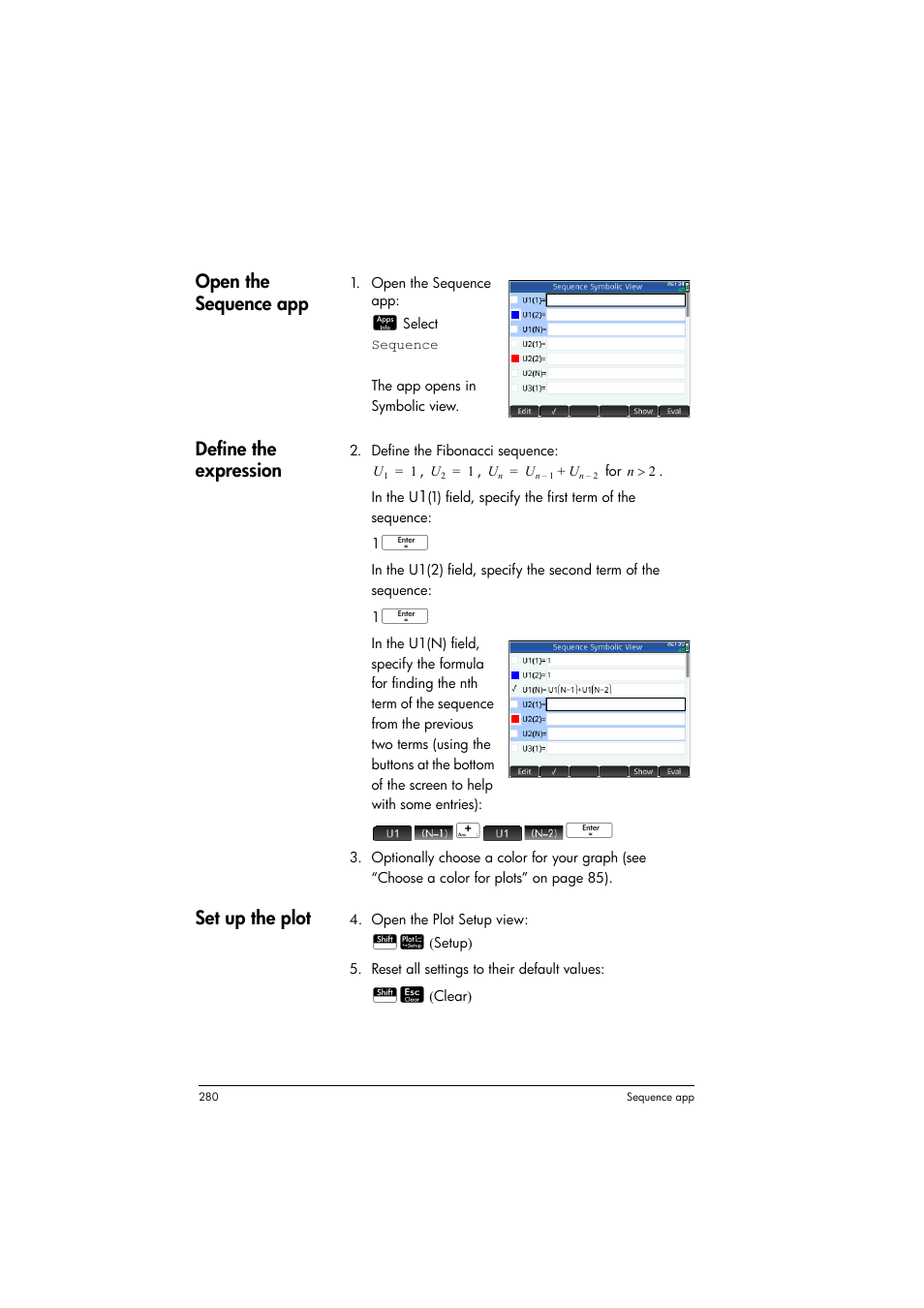 Open the sequence app, Define the expression, Set up the plot | HP Prime Graphing Calculator User Manual | Page 284 / 608