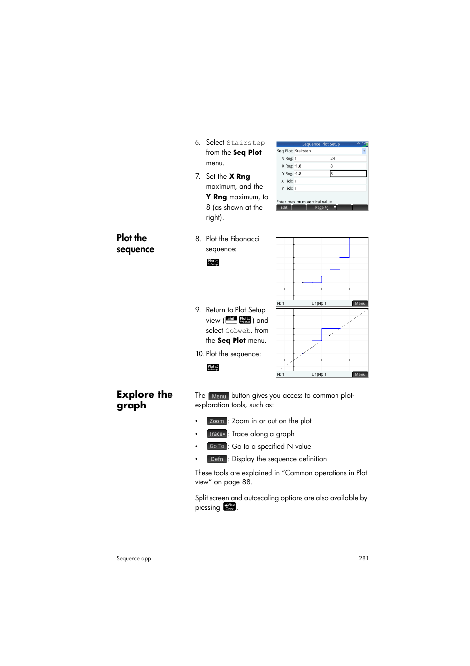 Plot the sequence, Explore the graph | HP Prime Graphing Calculator User Manual | Page 285 / 608