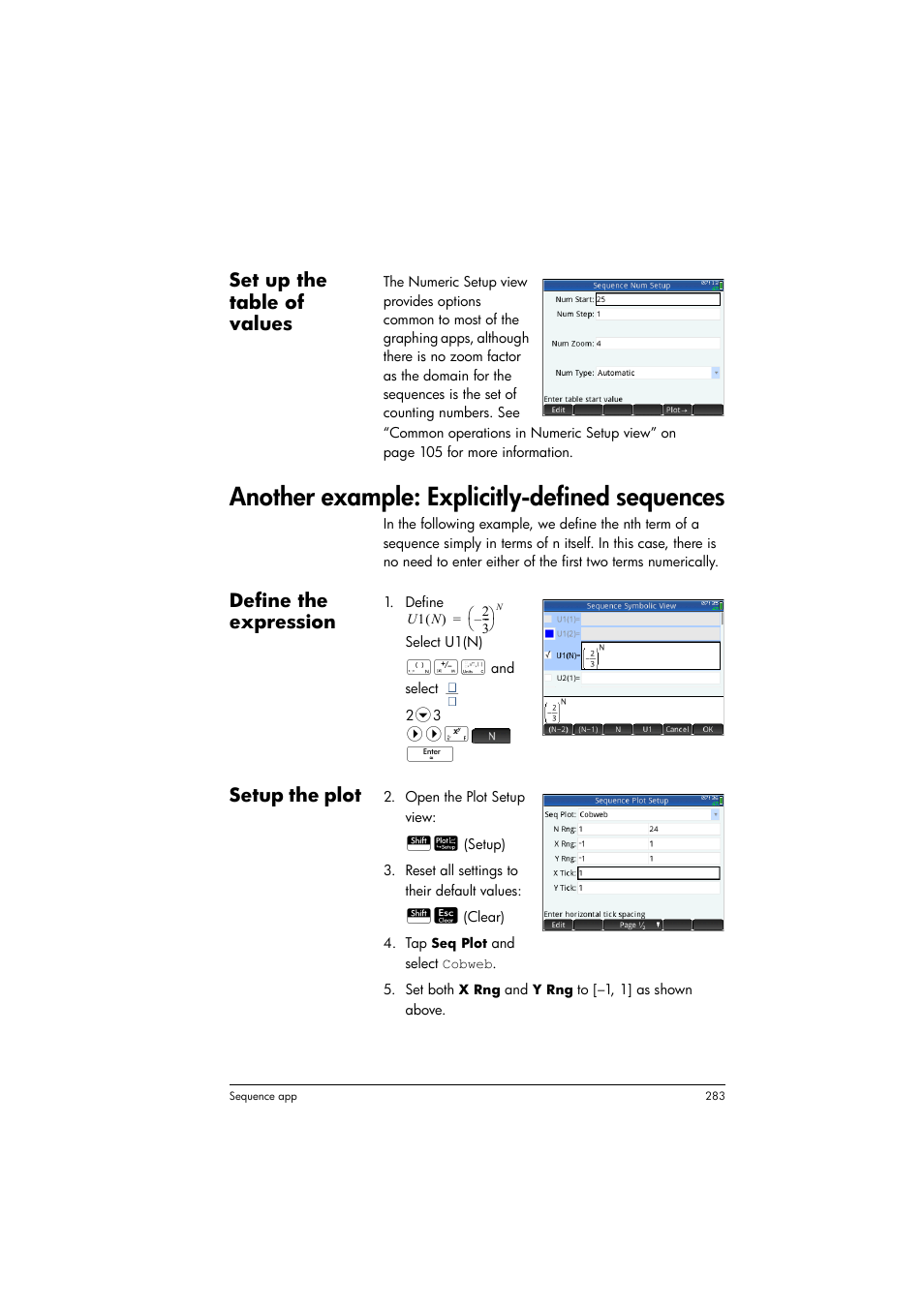 Another example: explicitly-defined sequences, Set up the table of values, Define the expression | Setup the plot | HP Prime Graphing Calculator User Manual | Page 287 / 608