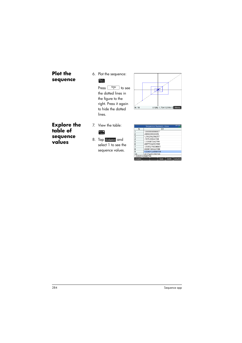 Plot the sequence, Explore the table of sequence values | HP Prime Graphing Calculator User Manual | Page 288 / 608