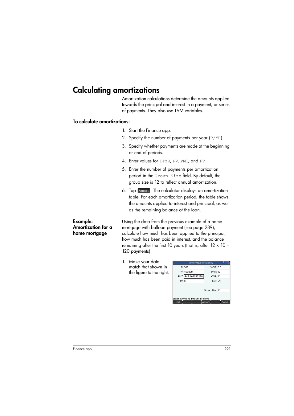 Calculating amortizations | HP Prime Graphing Calculator User Manual | Page 295 / 608