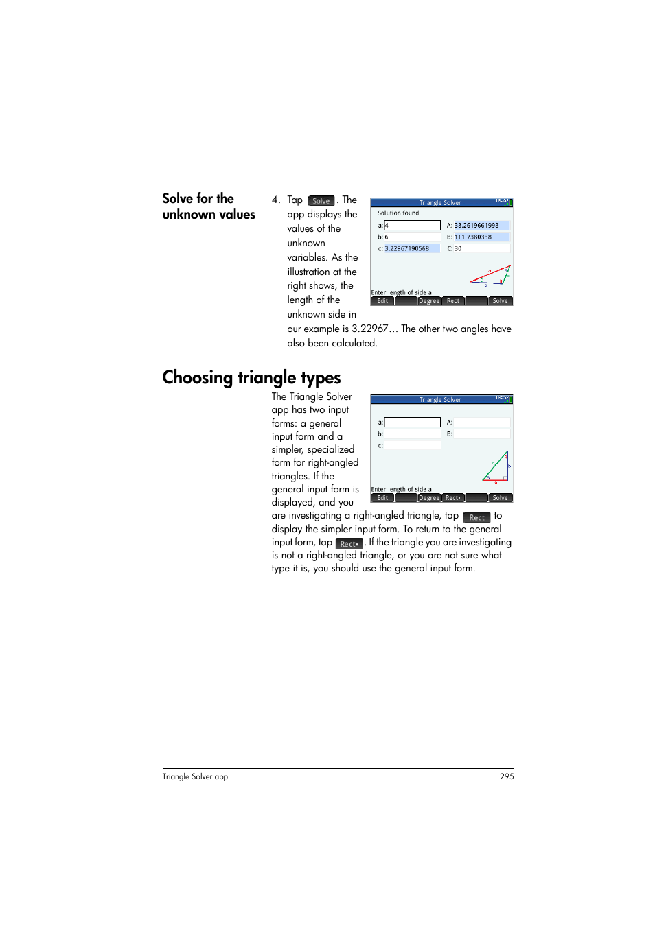 Choosing triangle types, Solve for the unknown values | HP Prime Graphing Calculator User Manual | Page 299 / 608