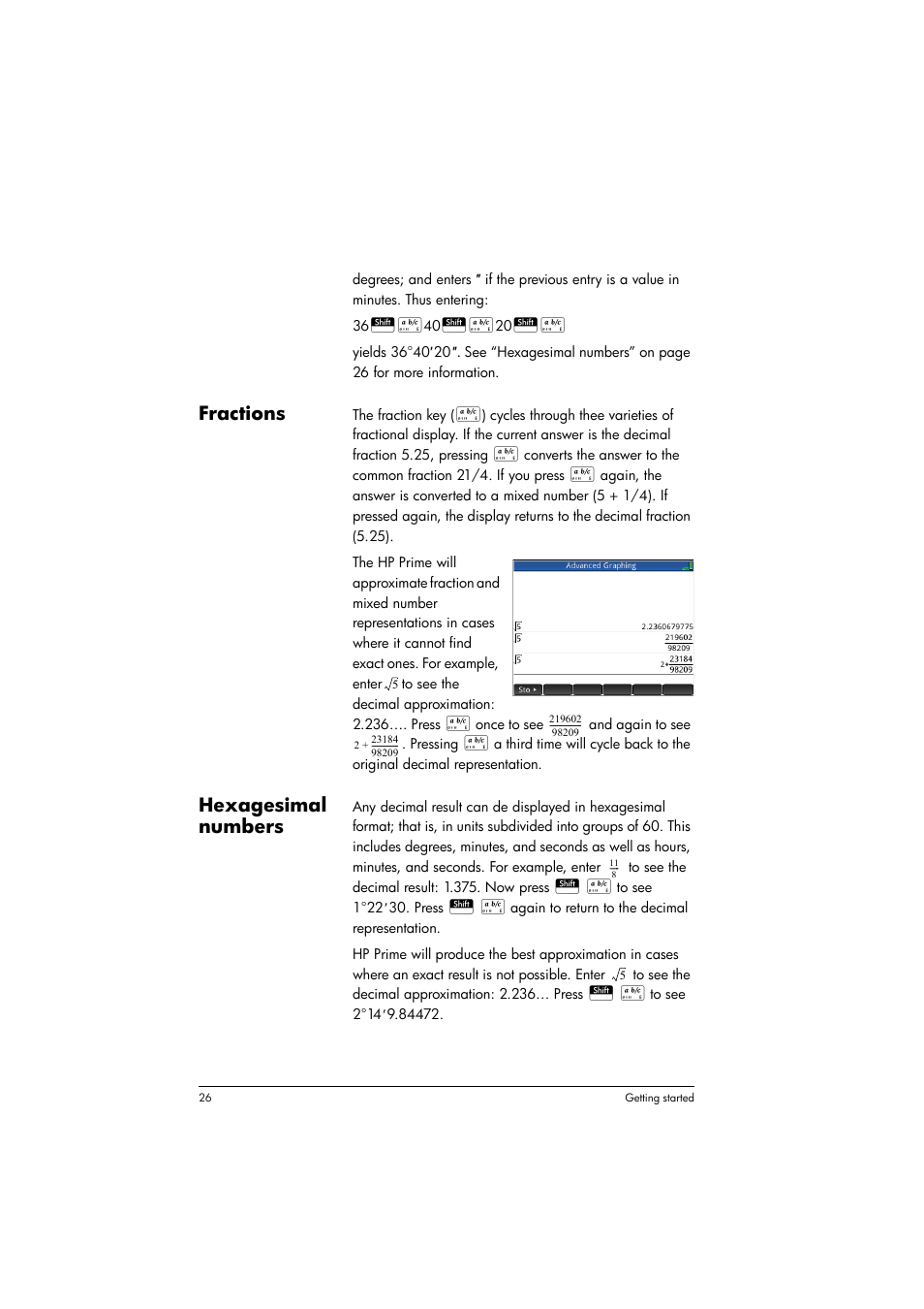 Fractions, Hexagesimal numbers | HP Prime Graphing Calculator User Manual | Page 30 / 608