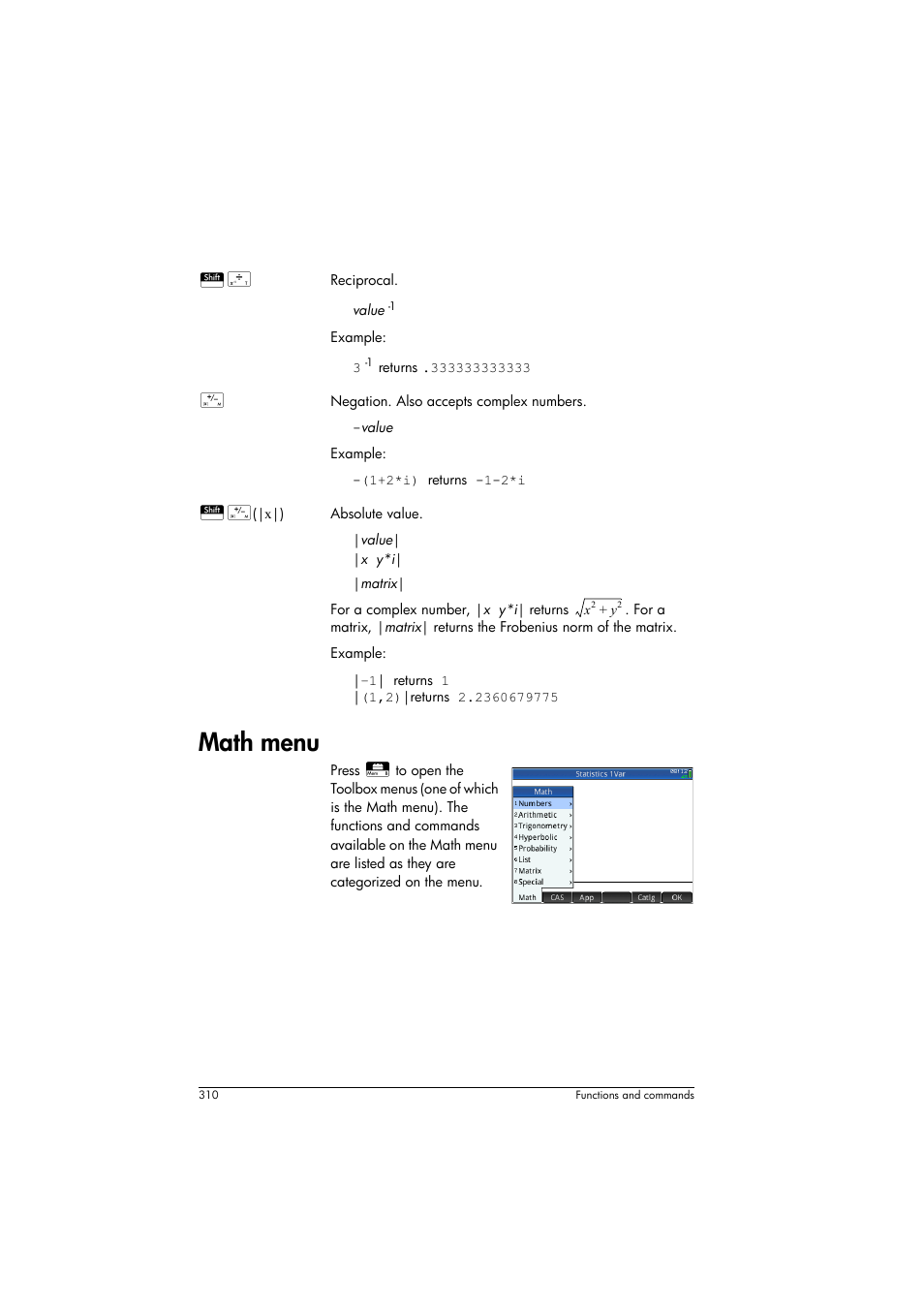 Math menu | HP Prime Graphing Calculator User Manual | Page 314 / 608