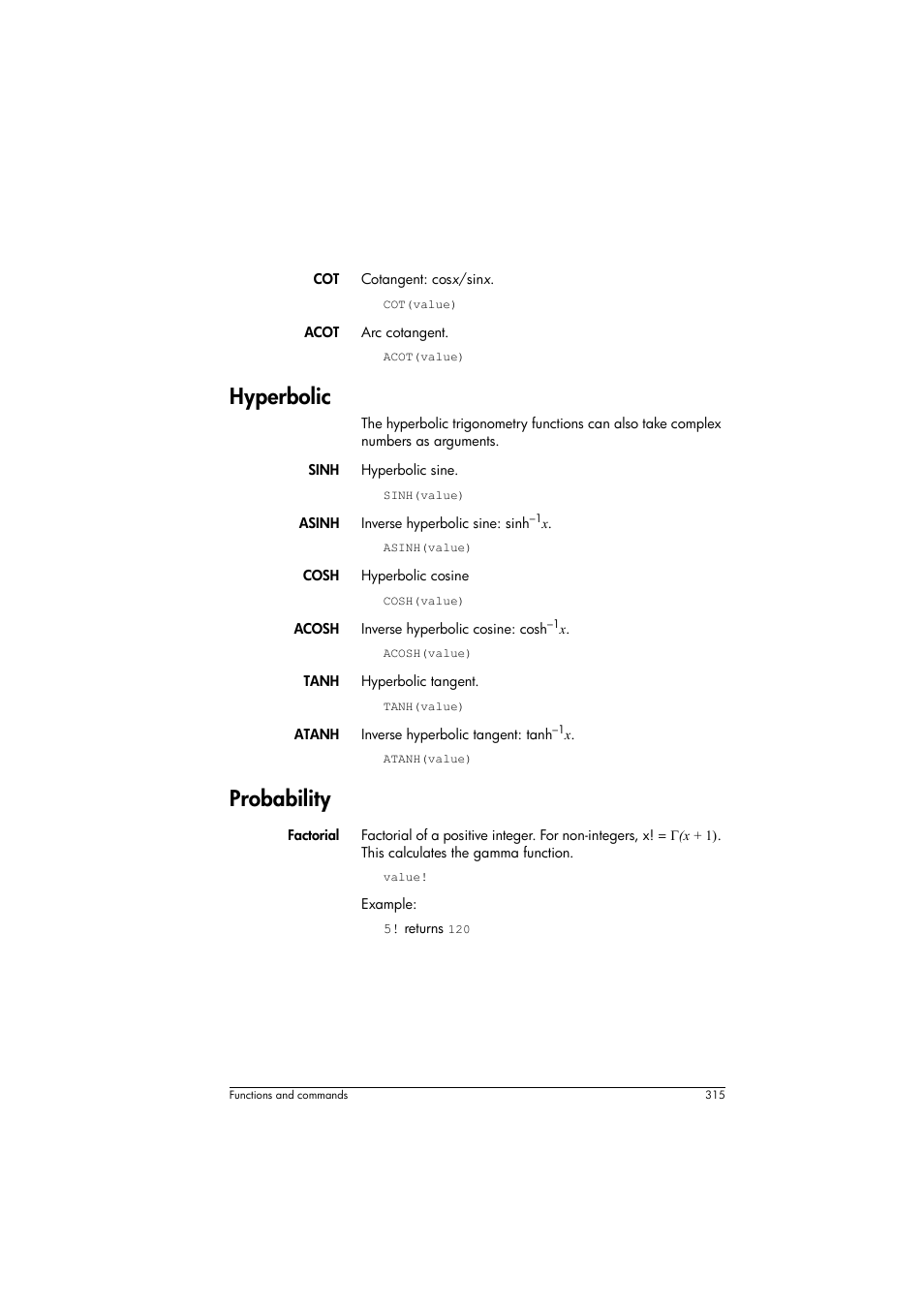 Hyperbolic, Probability | HP Prime Graphing Calculator User Manual | Page 319 / 608