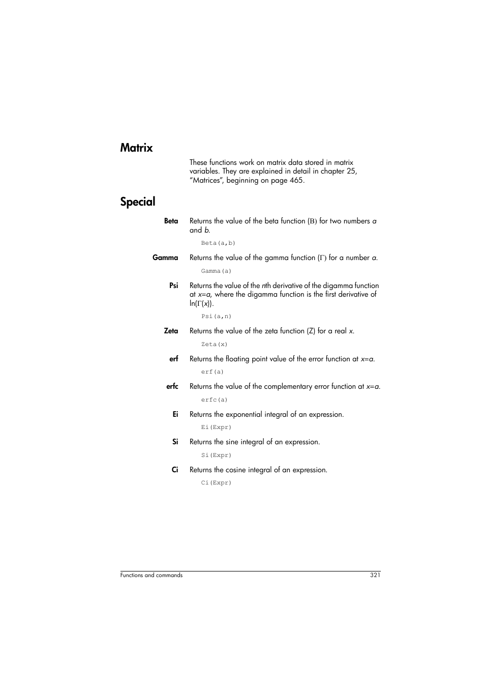 Matrix, Special | HP Prime Graphing Calculator User Manual | Page 325 / 608