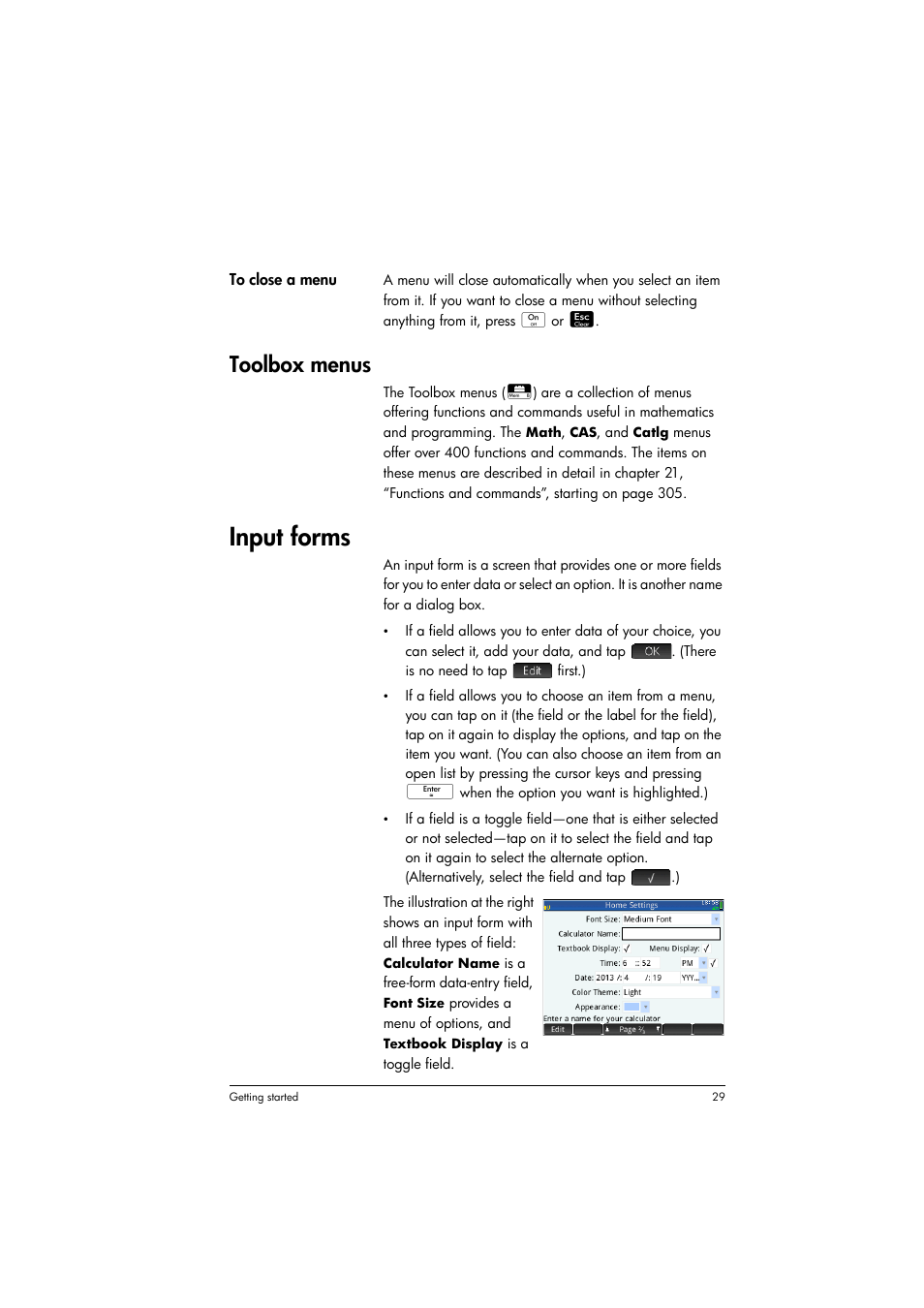 Toolbox menus, Input forms | HP Prime Graphing Calculator User Manual | Page 33 / 608