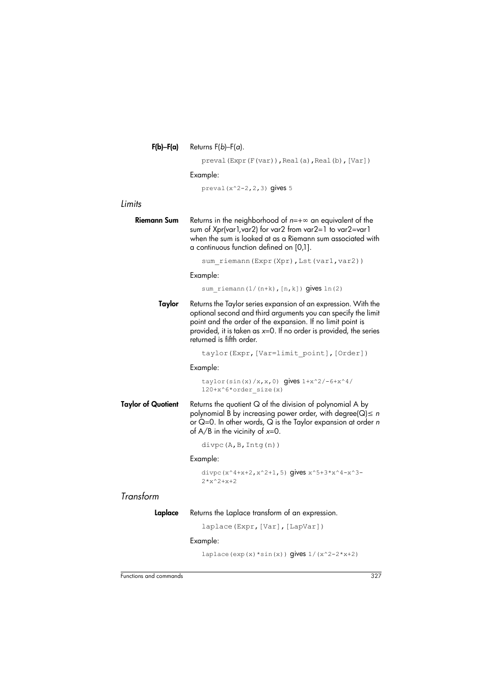 Limits, Transform | HP Prime Graphing Calculator User Manual | Page 331 / 608