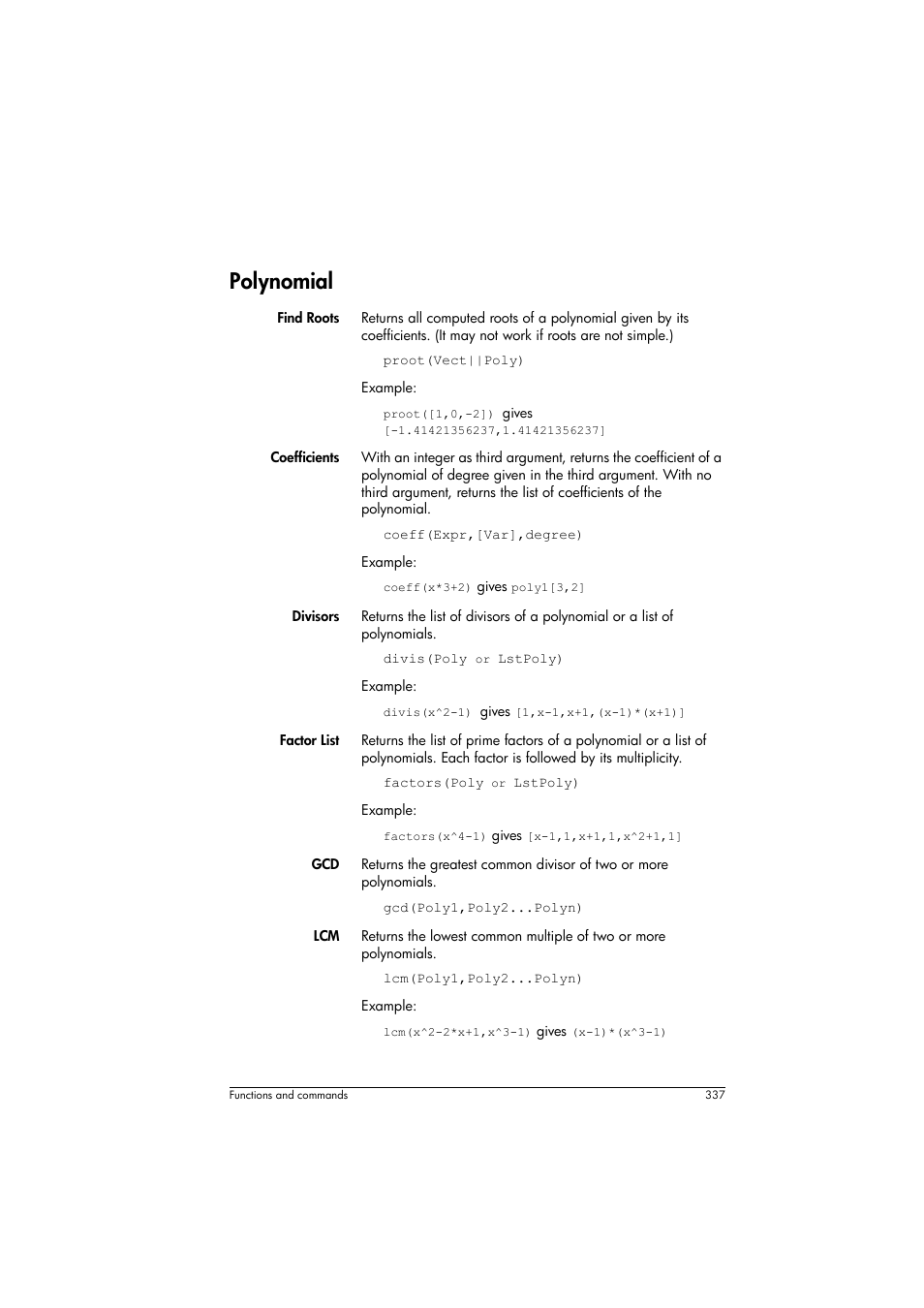 Polynomial | HP Prime Graphing Calculator User Manual | Page 341 / 608