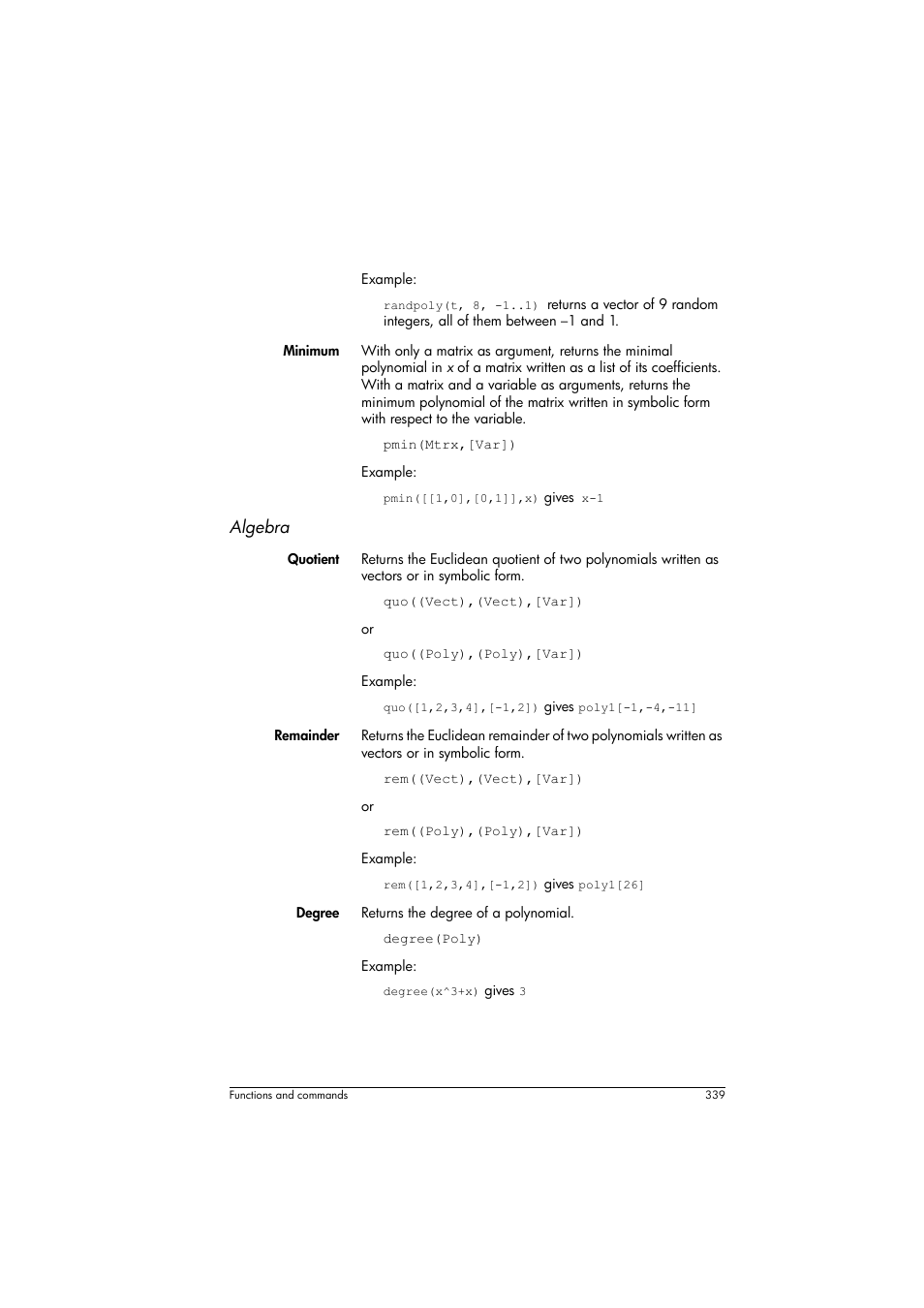 Algebra | HP Prime Graphing Calculator User Manual | Page 343 / 608