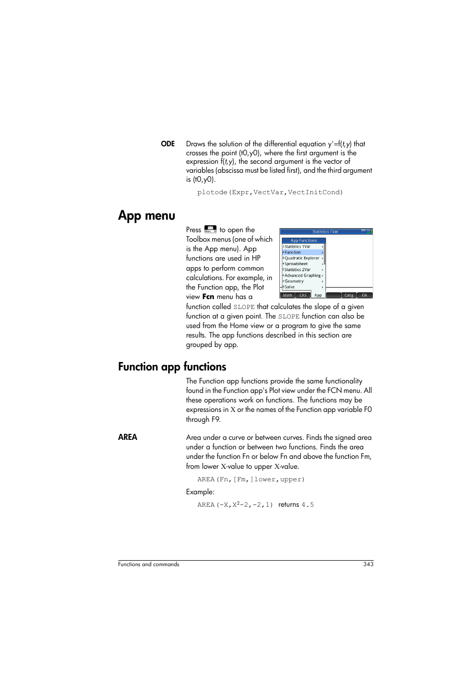 App menu, Function app functions | HP Prime Graphing Calculator User Manual | Page 347 / 608