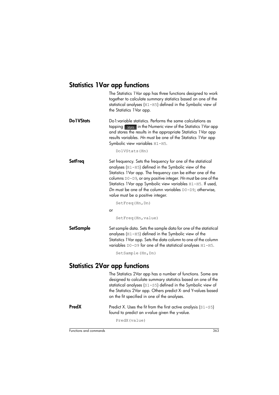 Statistics 1var app functions, Statistics 2var app functions | HP Prime Graphing Calculator User Manual | Page 367 / 608