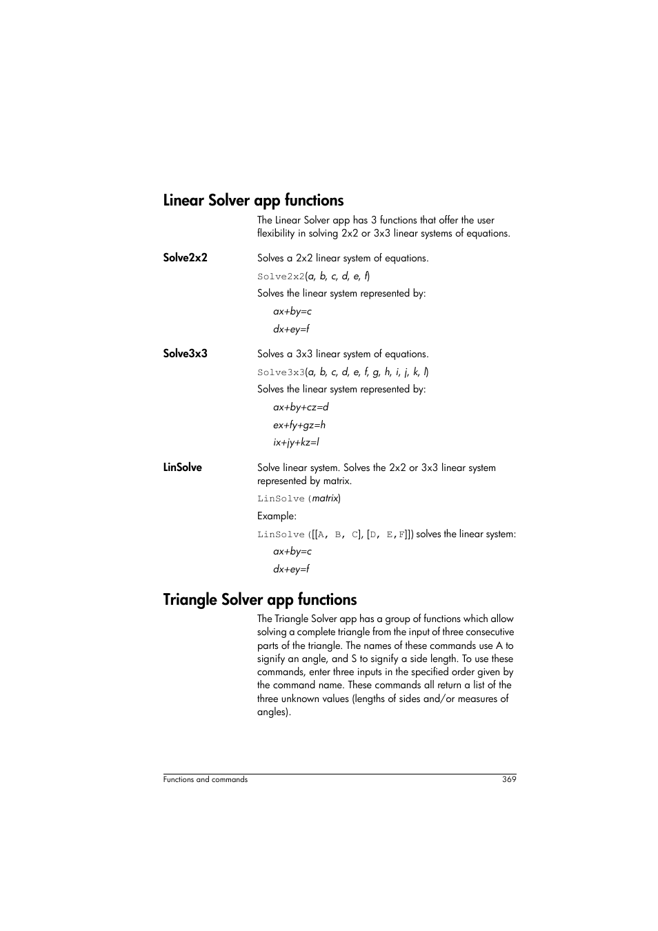 Linear solver app functions, Triangle solver app functions | HP Prime Graphing Calculator User Manual | Page 373 / 608