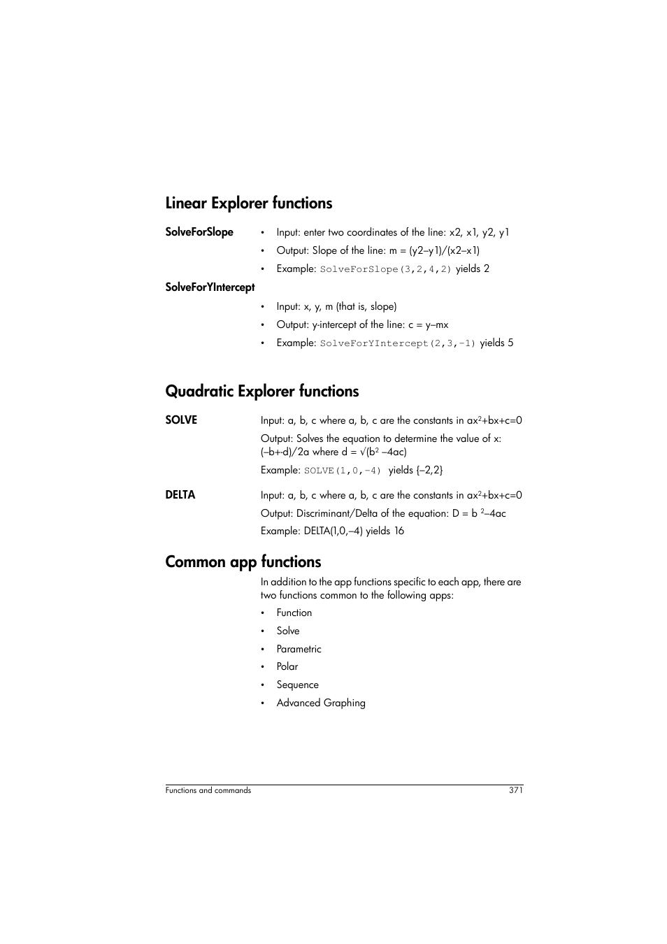 Linear explorer functions, Quadratic explorer functions, Common app functions | HP Prime Graphing Calculator User Manual | Page 375 / 608