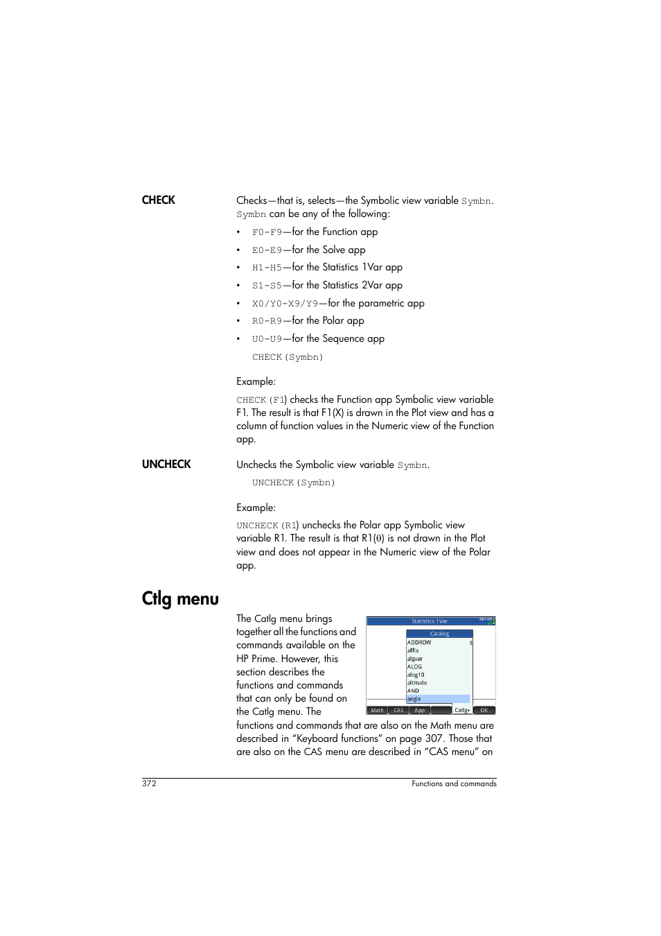 Ctlg menu | HP Prime Graphing Calculator User Manual | Page 376 / 608