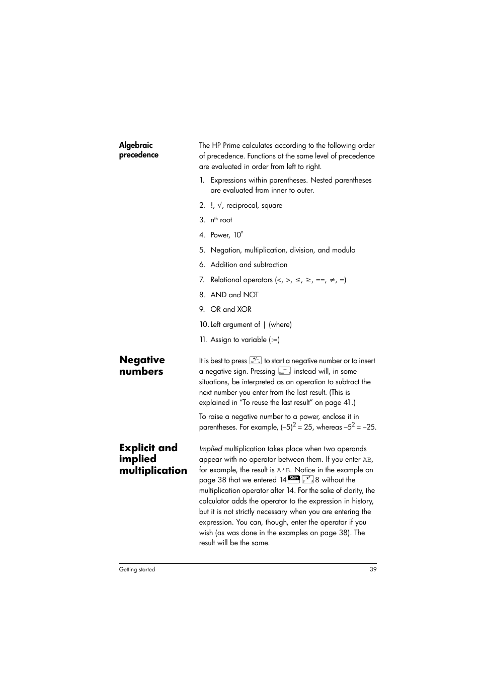 Negative numbers, Explicit and implied multiplication | HP Prime Graphing Calculator User Manual | Page 43 / 608