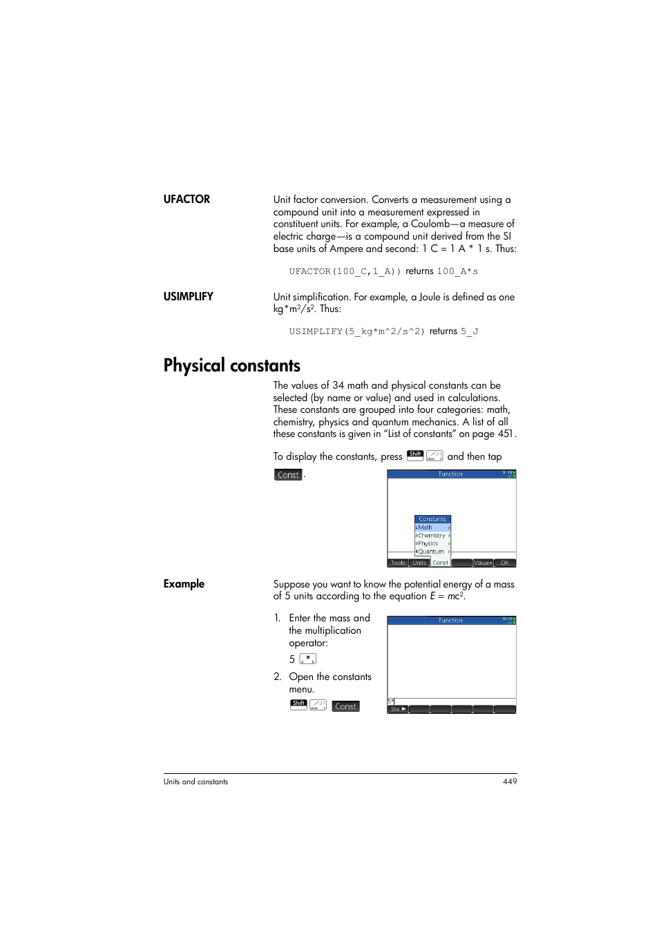 Physical constants | HP Prime Graphing Calculator User Manual | Page 453 / 608