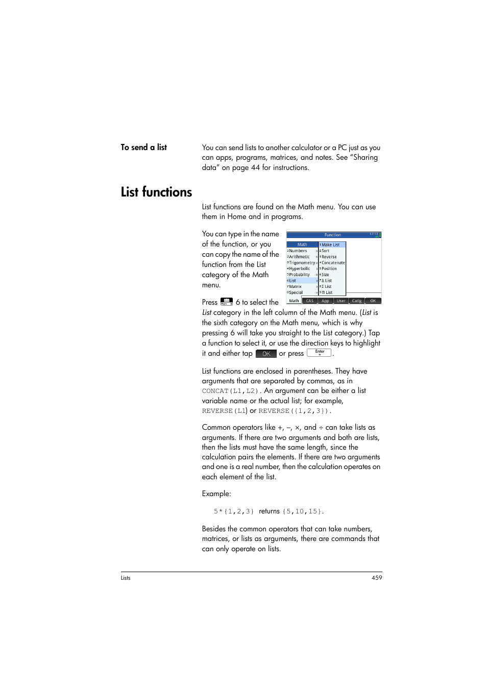 List functions | HP Prime Graphing Calculator User Manual | Page 463 / 608