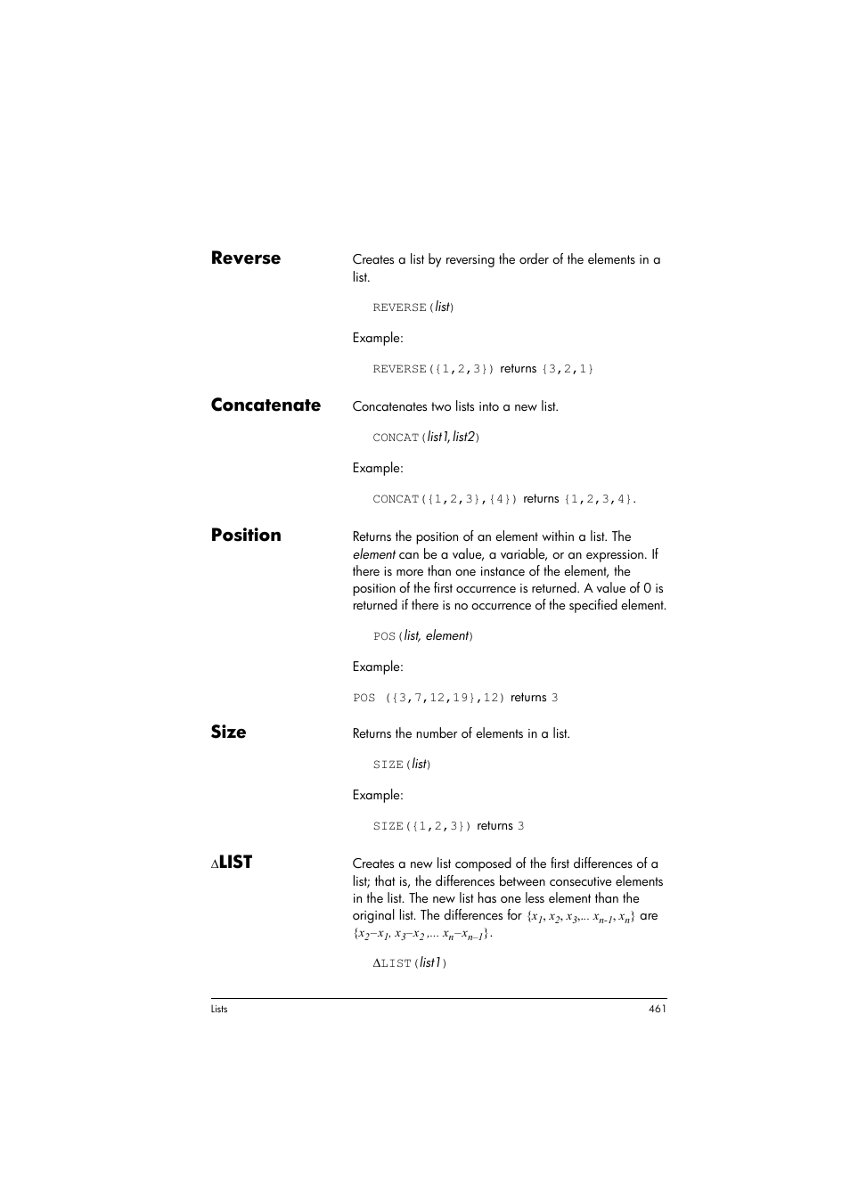 Reverse, Concatenate, Position | Size, List | HP Prime Graphing Calculator User Manual | Page 465 / 608