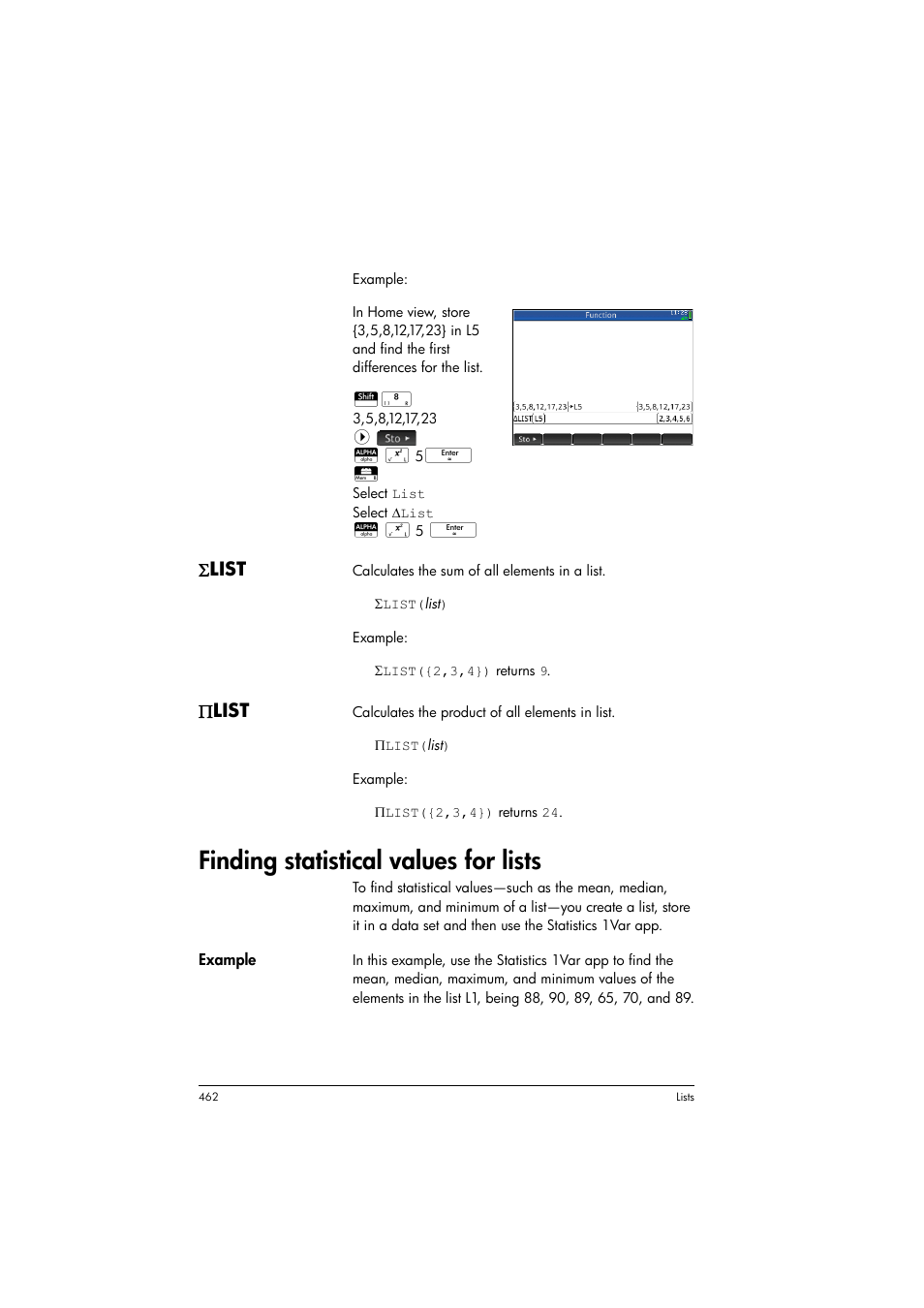 Finding statistical values for lists, List | HP Prime Graphing Calculator User Manual | Page 466 / 608