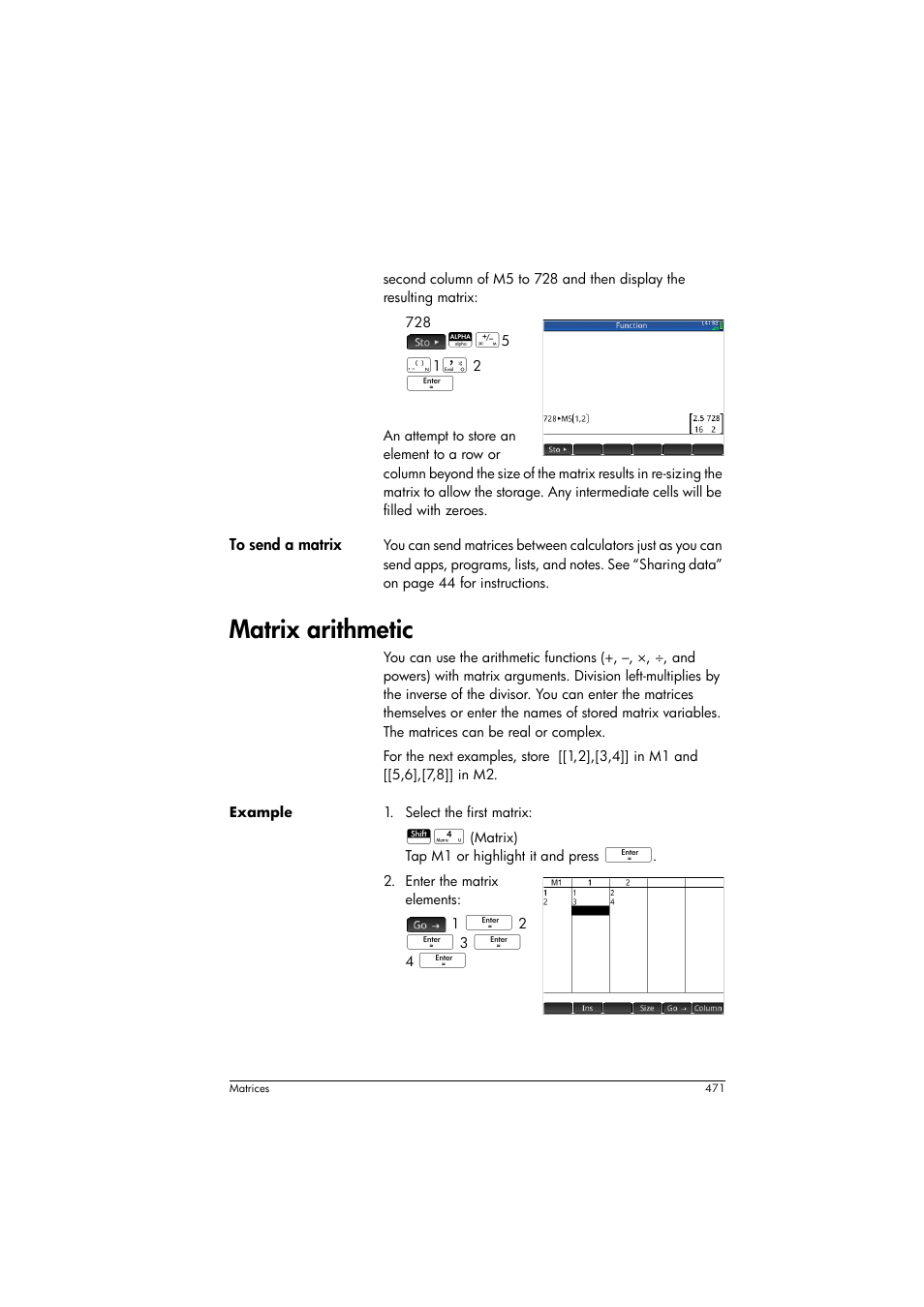 Matrix arithmetic | HP Prime Graphing Calculator User Manual | Page 475 / 608