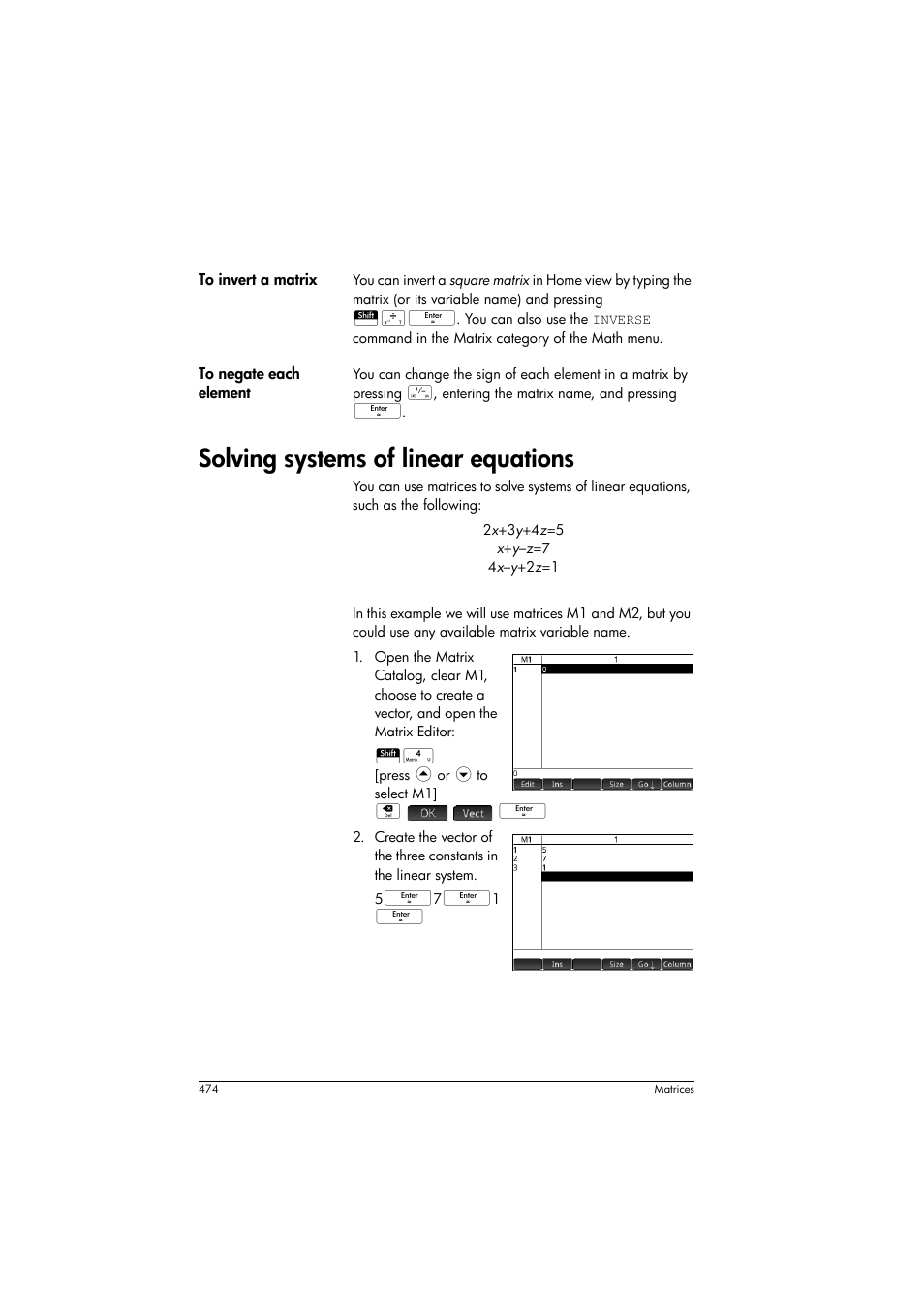 Solving systems of linear equations | HP Prime Graphing Calculator User Manual | Page 478 / 608