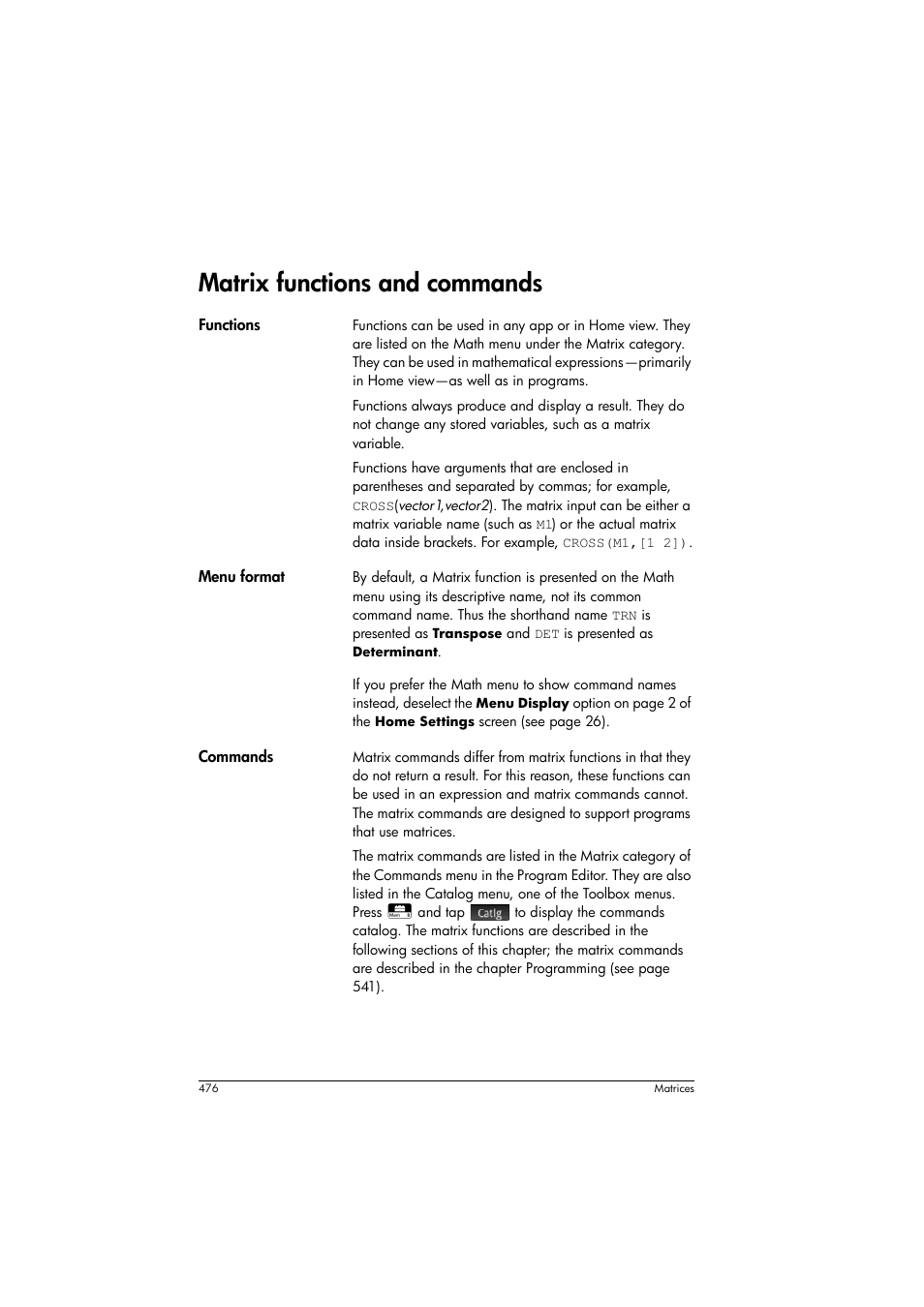 Matrix functions and commands | HP Prime Graphing Calculator User Manual | Page 480 / 608